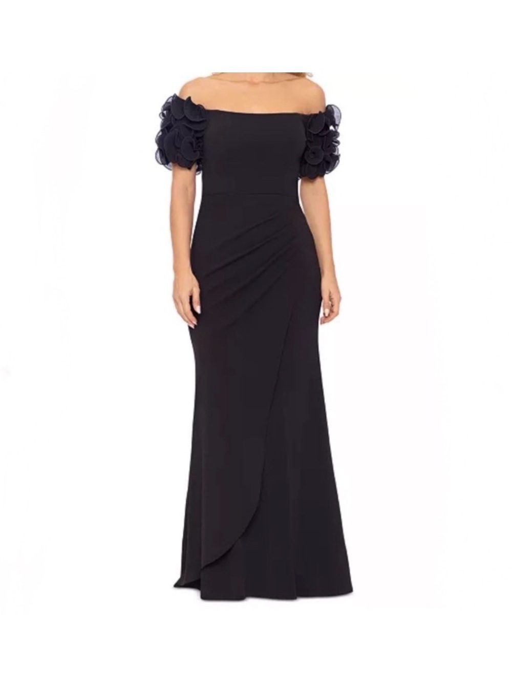 Xscape Navy Blue Off-Shoulder Evening Gown with Floral Puff Sleeve Detail